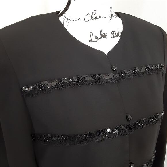 Vintage 90s Black Sequin Blazer Round Neck Jacket Button Front Shoulder Pads 12 - Picture 3 of 12